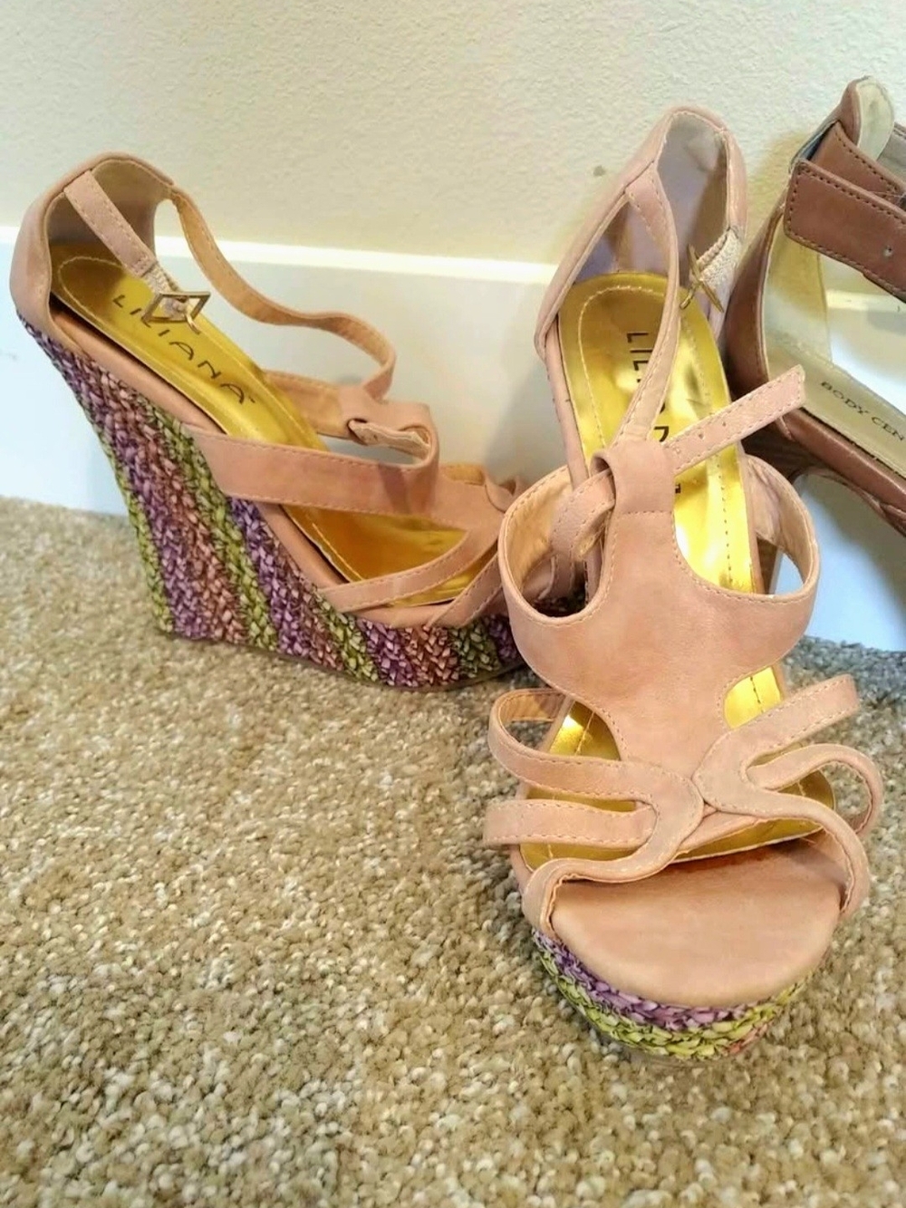 Liliana Blush Suede Multi-Stripe Braided Wedges